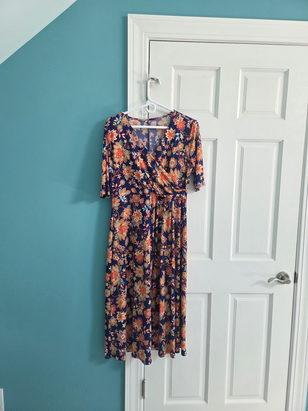 Vintage Floral Wrap Midi Dress - Navy with Orange & Pink Blooms